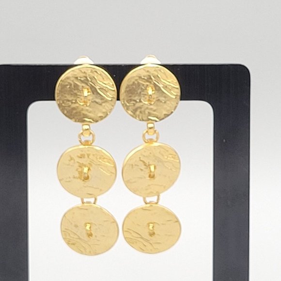 Womens Gold Tone Shiny Three Coin Fashion Dangle Clip On Earrings 2 1/2 in - Picture 2 of 6